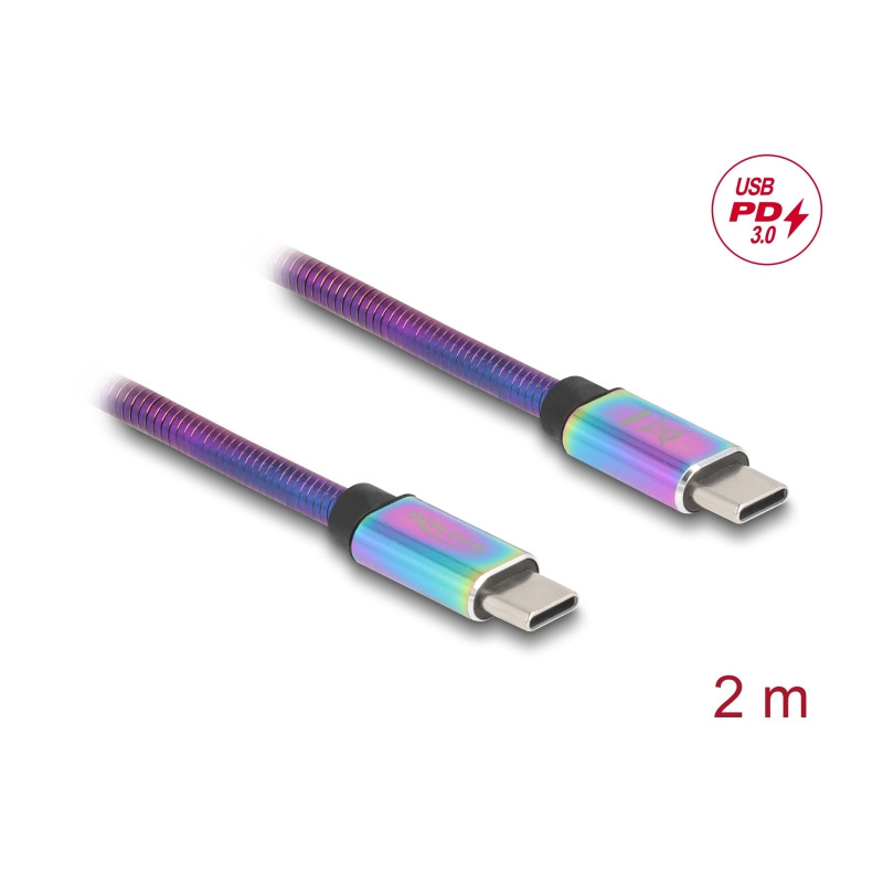 Delock USB 2.0 Kabel USB Type-C™ Stecker zu Stecker mit Metallmantel irisierend PD 3.0 60 W 2 m