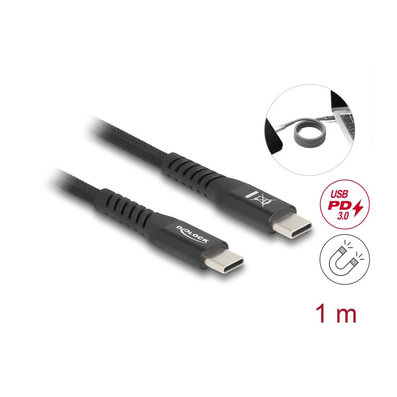 Delock USB 2.0 Kabel USB Type-C™ Stecker zu Stecker mit magnetischer Textilummantelung PD 3.0 60 W 1 m