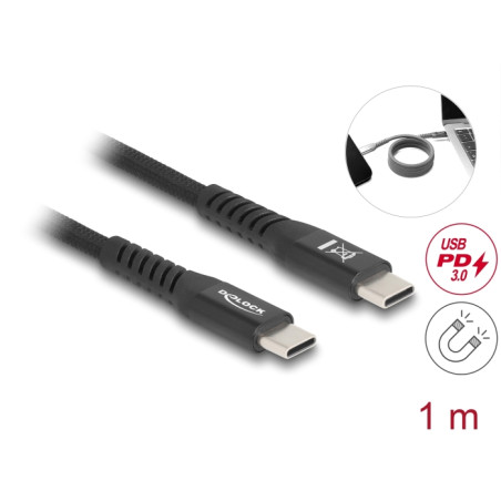Delock USB 2.0 Kabel USB Type-C™ Stecker zu Stecker mit magnetischer Textilummantelung PD 3.0 60 W 1 m