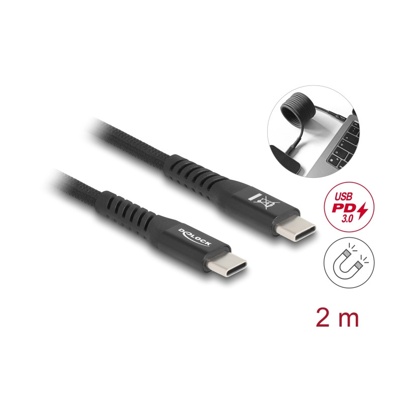 Delock USB 2.0 Kabel USB Type-C™ Stecker zu Stecker mit magnetischer Textilummantelung PD 3.0 60 W 2 m