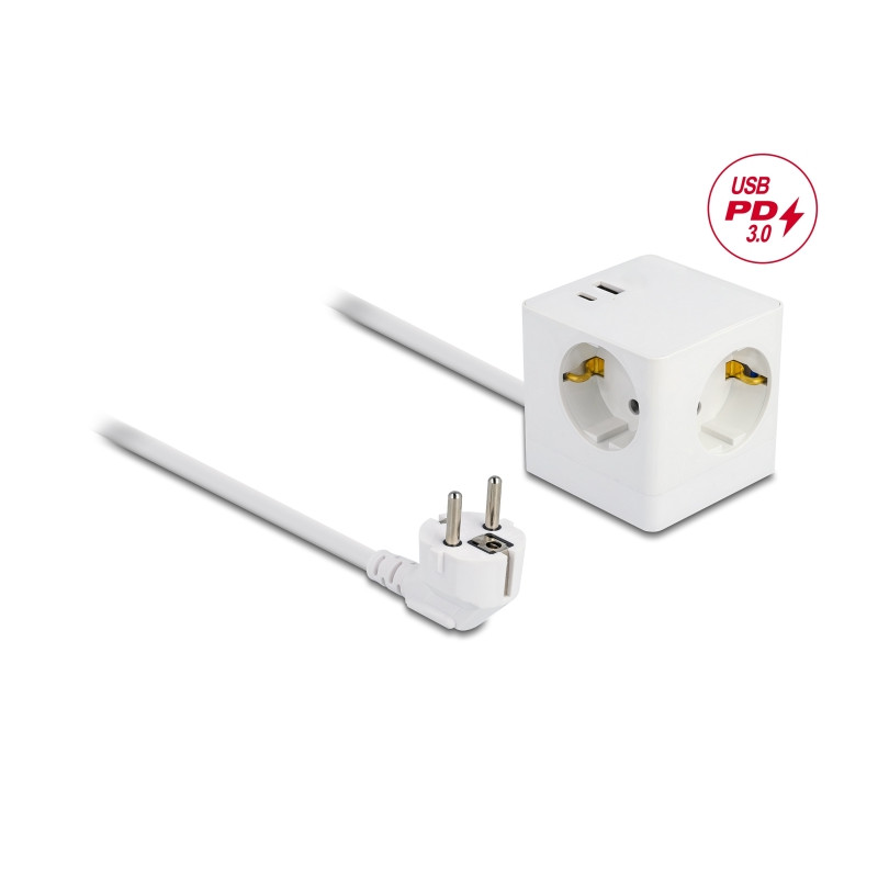 Delock Steckdosenwürfel mit Verlängerungskabel 3-fach mit Kindersicherung und USB PD 3.0 Ladegerät 20 W, 1,5 m Kabel, weiß