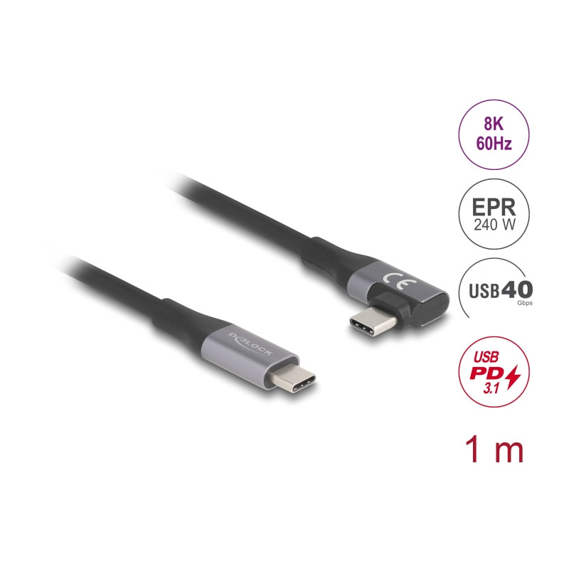 Delock USB 40 Gbps Kabel gewinkelt links / rechts USB PD 3.1 Extended Power Range 240 W 1 m