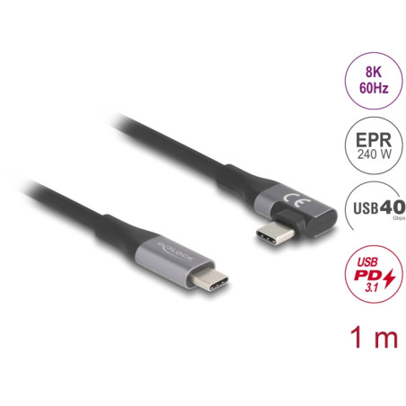 Delock USB 40 Gbps Kabel gewinkelt links / rechts USB PD 3.1 Extended Power Range 240 W 1 m