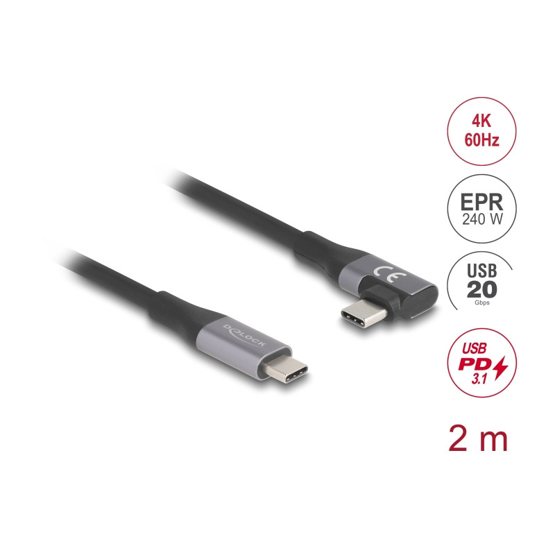 Delock USB 20 Gbps Kabel gewinkelt links / rechts USB PD 3.1 Extended Power Range 240 W 2 m