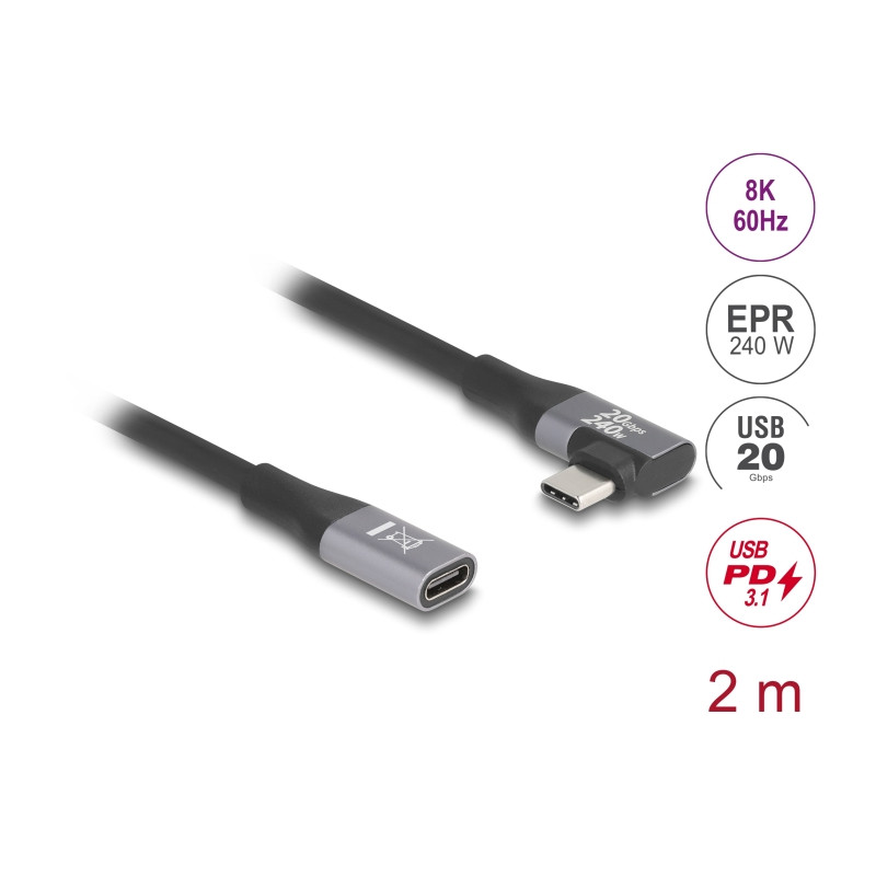Delock USB 20 Gbps Verlängerungskabel gewinkelt links / rechts USB PD 3.1 Extended Power Range 240 W 2 m