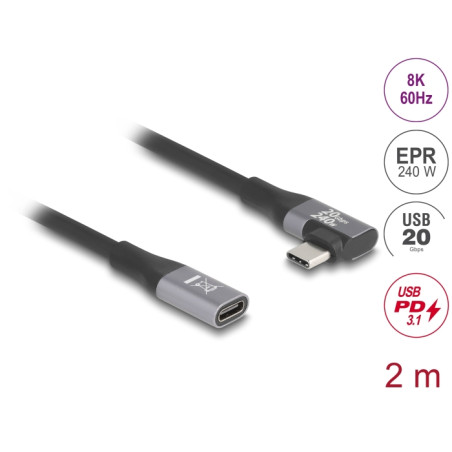Delock USB 20 Gbps Verlängerungskabel gewinkelt links / rechts USB PD 3.1 Extended Power Range 240 W 2 m
