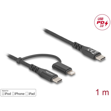 Delock USB Kabel 2 in 1 USB Type-C™ zu USB Type-C™ / Lightning™ für iPhone™ und iPad™ 1 m MFi 60 W