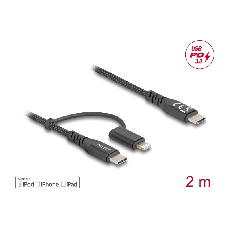 Delock USB Kabel 2 in 1 USB Type-C™ zu USB Type-C™ / Lightning™ für iPhone™ und iPad™ 2 m MFi 60 W