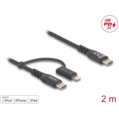 Delock USB Kabel 2 in 1 USB Type-C™ zu USB Type-C™ / Lightning™ für iPhone™ und iPad™ 2 m MFi 60 W