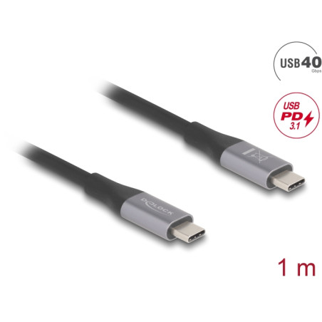 Delock USB 40 Gbps Kabel USB Type-C™ Stecker zu Stecker PD 3.1 240 W E-Marker 1 m grau Metall