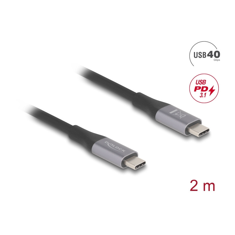 Delock USB 40 Gbps Kabel USB Type-C™ Stecker zu Stecker PD 3.1 240 W E-Marker 2 m grau Metall