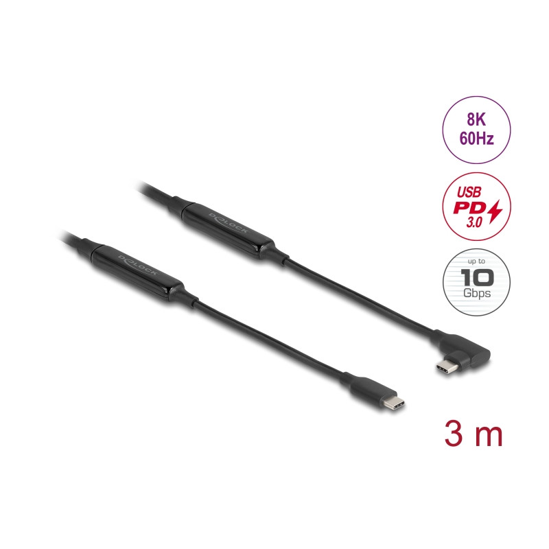 Delock Aktives USB 10 Gbps Kabel USB Type-C™ Stecker zu Stecker gewinkelt links / rechts 3 m 8K PD 60 W mit E-Marker