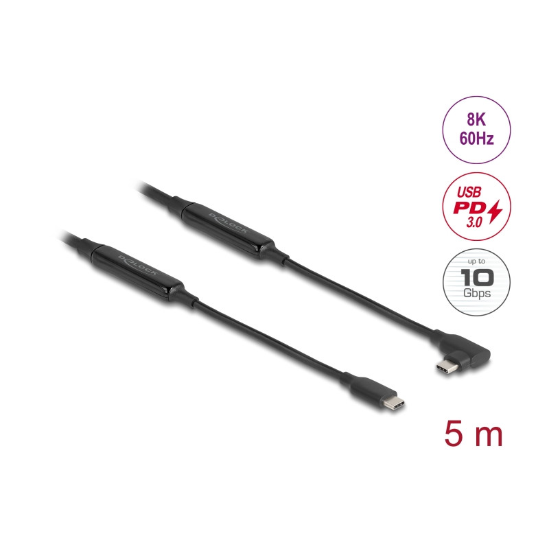 Delock Aktives USB 10 Gbps Kabel USB Type-C™ Stecker zu Stecker gewinkelt links / rechts 5 m 8K PD 60 W mit E-Marker