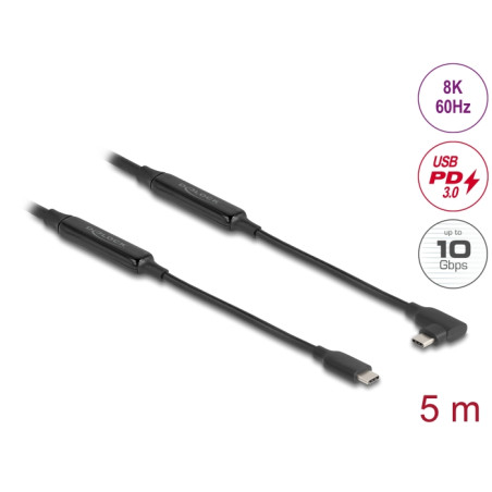 Delock Aktives USB 10 Gbps Kabel USB Type-C™ Stecker zu Stecker gewinkelt links / rechts 5 m 8K PD 60 W mit E-Marker