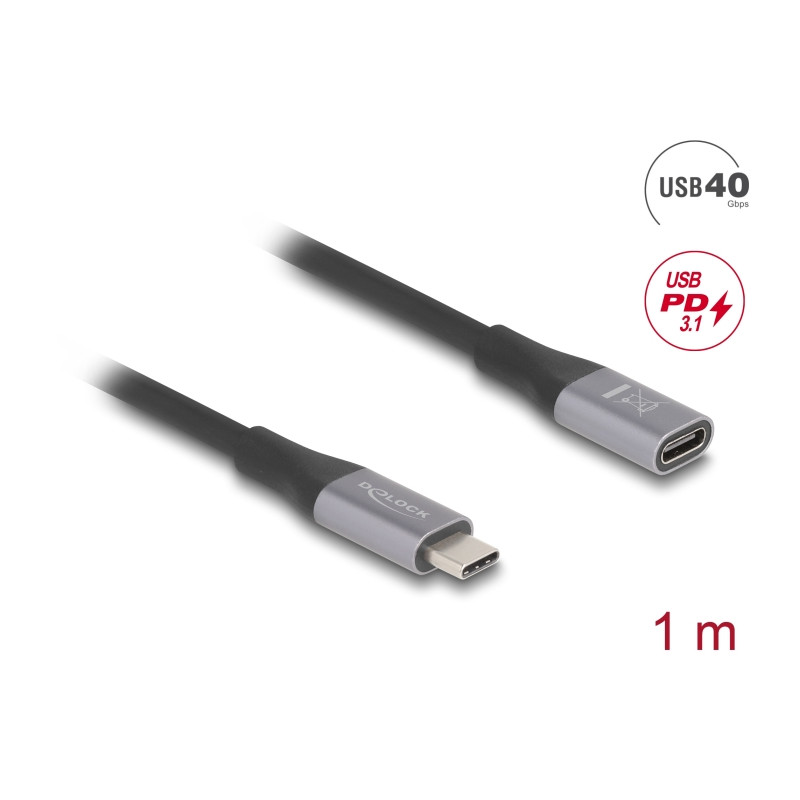 Delock USB 40 Gbps Verlängerungskabel USB Type-C™ Stecker zu Buchse PD 3.1 240 W 1 m grau Metall