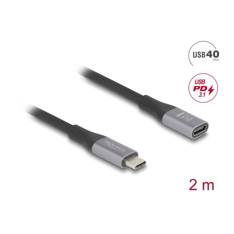 Delock USB 40 Gbps Verlängerungskabel USB Type-C™ Stecker zu Buchse PD 3.1 240 W 2 m grau Metall