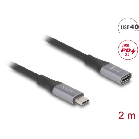 Delock USB 40 Gbps Verlängerungskabel USB Type-C™ Stecker zu Buchse PD 3.1 240 W 2 m grau Metall