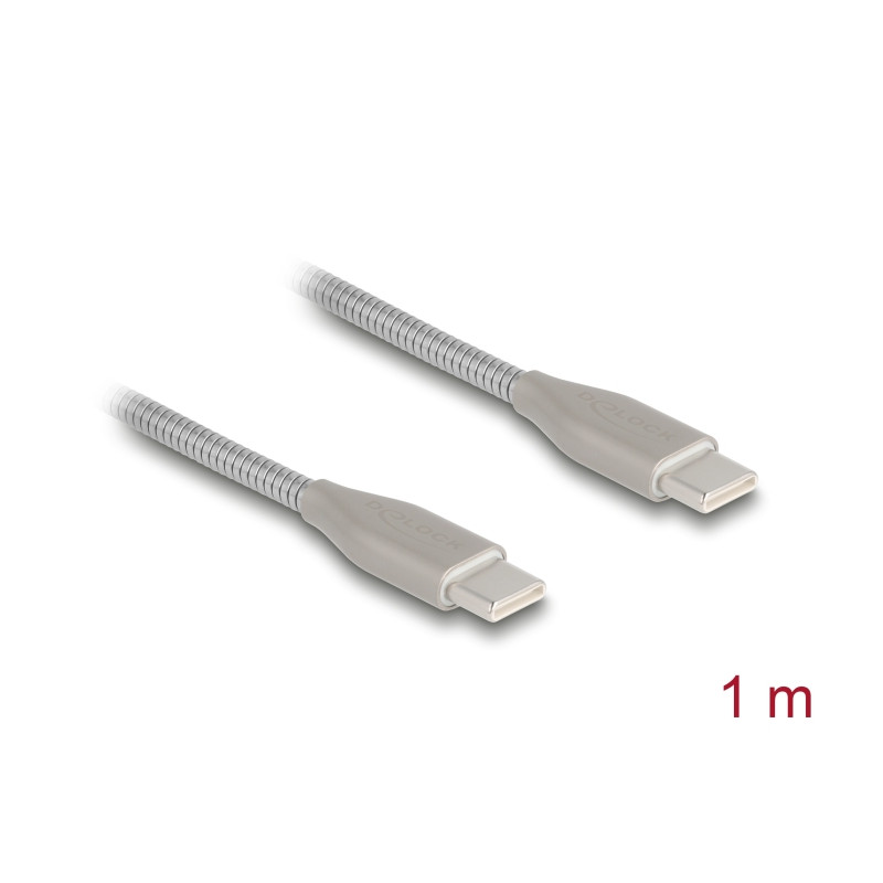 Delock USB-C™ Kabel USB 2.0 mit Metallmantel USB Type-C™ Stecker zu Stecker PD 3.0 60 W 1 m silber