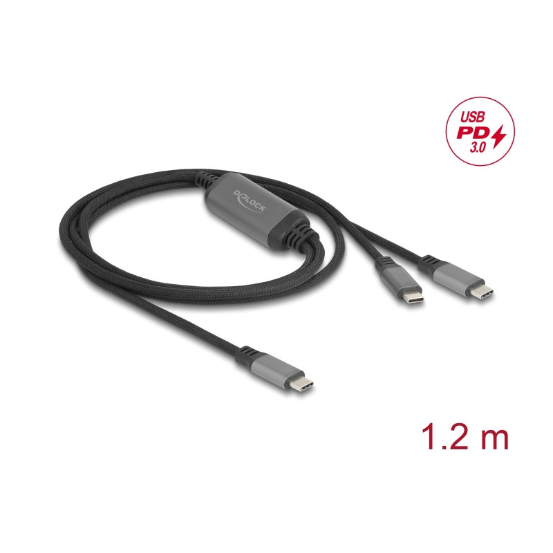 Delock USB-C™ Y-Kabel 1 x Stecker zu 2 x Stecker PD 3.0 100 W Intelligente Stromaufteilung 1,2 m
