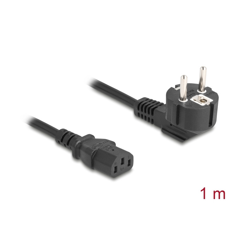 Delock Netzkabel PC Schutzkontaktstecker CEE 7/7 90° gewinkelt auf C13 Buchse, 1 m, 3 x 0,75 mm² schwarz