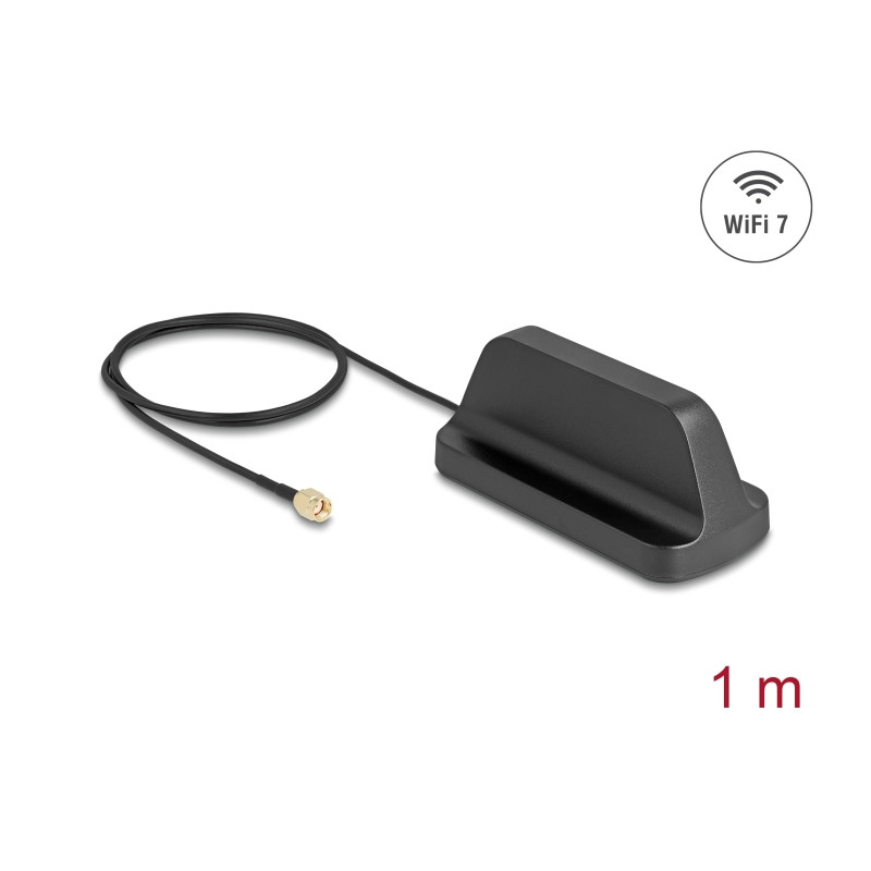 Delock WiFi 7 Antenne RP-SMA Stecker 2,5 - 3,6 dBi omnidirektional mit magnetischem Standfuß und Anschlusskabel ULA100 1 m outdo