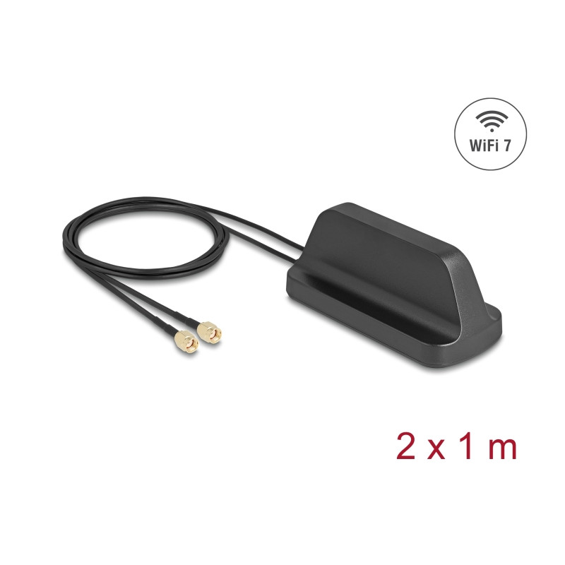Delock WiFi 7 Antenne 2 x RP-SMA Stecker 2,4 - 4,0 dBi omnidirektional mit magnetischem Standfuß und Anschlusskabel ULA100 1 m o