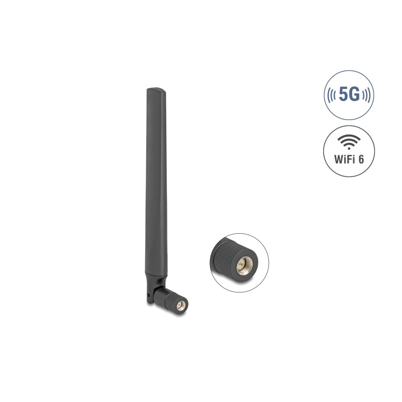Delock 5G LTE GNSS WiFi 6 Antenne SMA Stecker 0,9 - 4,1 dBi 183 mm omnidirektional mit Kippgelenk schwarz