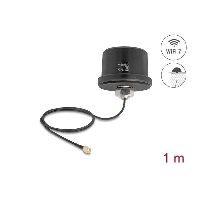 Delock WiFi 7 Antenne RP-SMA Stecker 3,1 - 3,5 dBi omnidirektional mit Anschlusskabel ULA100 1 m Dachmontage outdoor schwarz