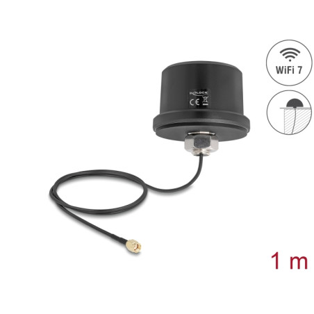 Delock WiFi 7 Antenne RP-SMA Stecker 3,1 - 3,5 dBi omnidirektional mit Anschlusskabel ULA100 1 m Dachmontage outdoor schwarz
