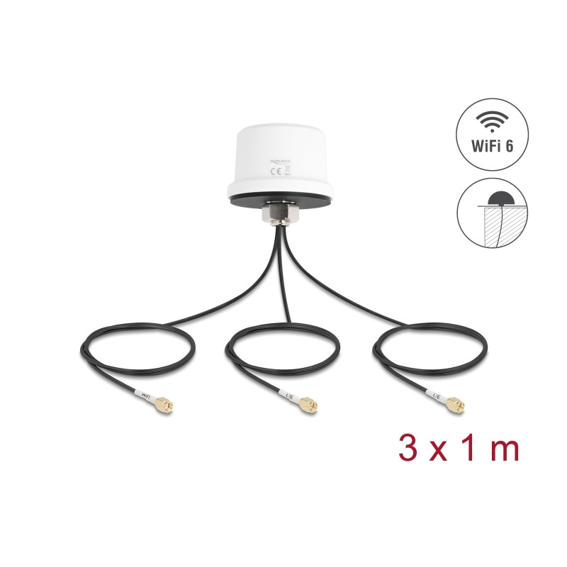 Delock 4G MIMO Dualband WiFi 6 Antenne 2 x SMA + 1 x RP-SMA Stecker ULA100 1 m Schraubmontage outdoor weiß