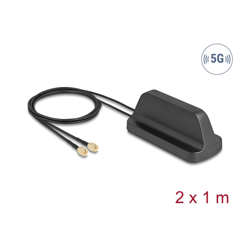 Delock 5G LTE GNSS WiFi 6 MIMO Antenne 2 x SMA Stecker 2,1 - 3,0 dBi omnidirektional mit magnetischem Standfuß und Anschlusskabe