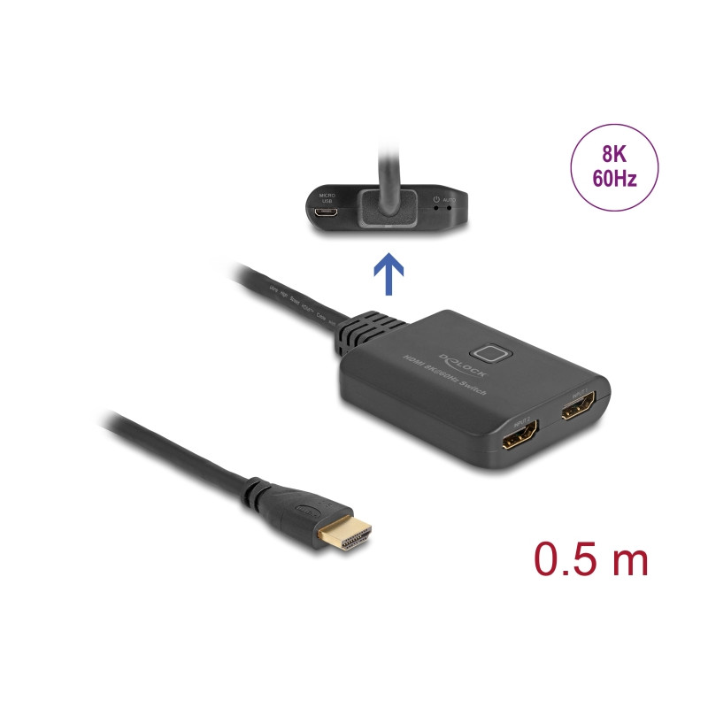 Delock HDMI Switch 2 x HDMI in zu 1 x HDMI out 8K 60 Hz mit integriertem Kabel 50 cm