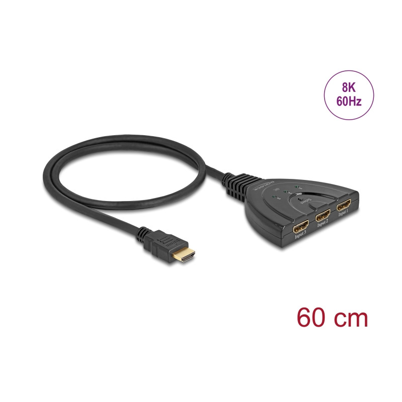 Delock HDMI Switch 3 x HDMI in zu 1 x HDMI out 8K 60 Hz mit integriertem Kabel 60 cm