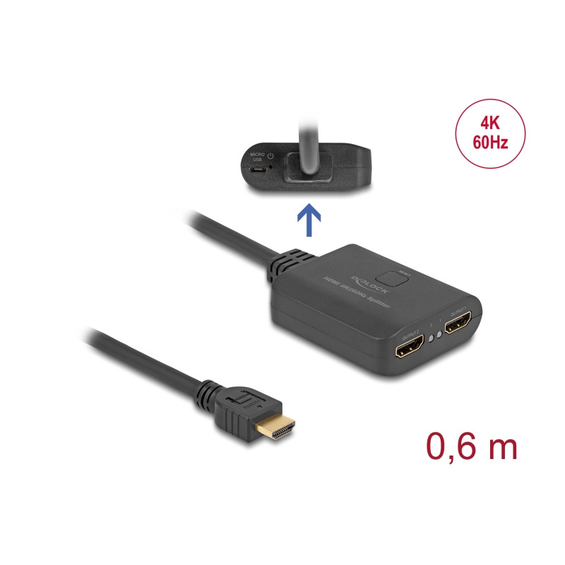 Delock HDMI Splitter 1 x HDMI in zu 2 x HDMI out 4K 60 Hz mit Downscaler