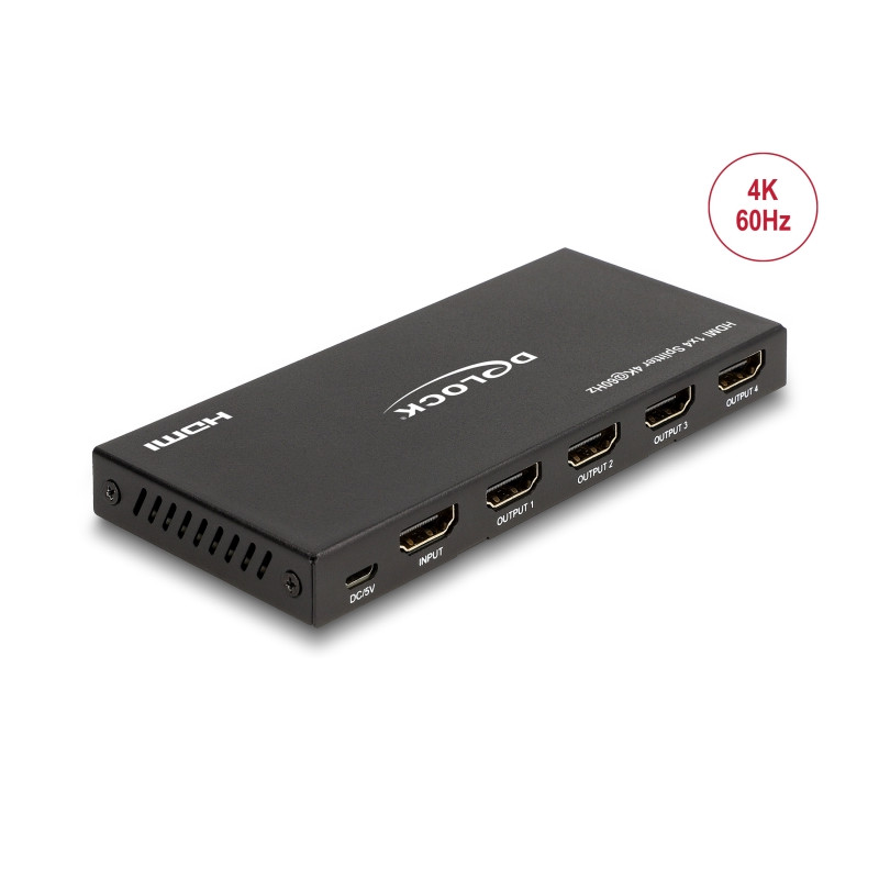Delock HDMI Splitter 1 x HDMI in zu 4 x HDMI out 4K 60 Hz mit Downscaler
