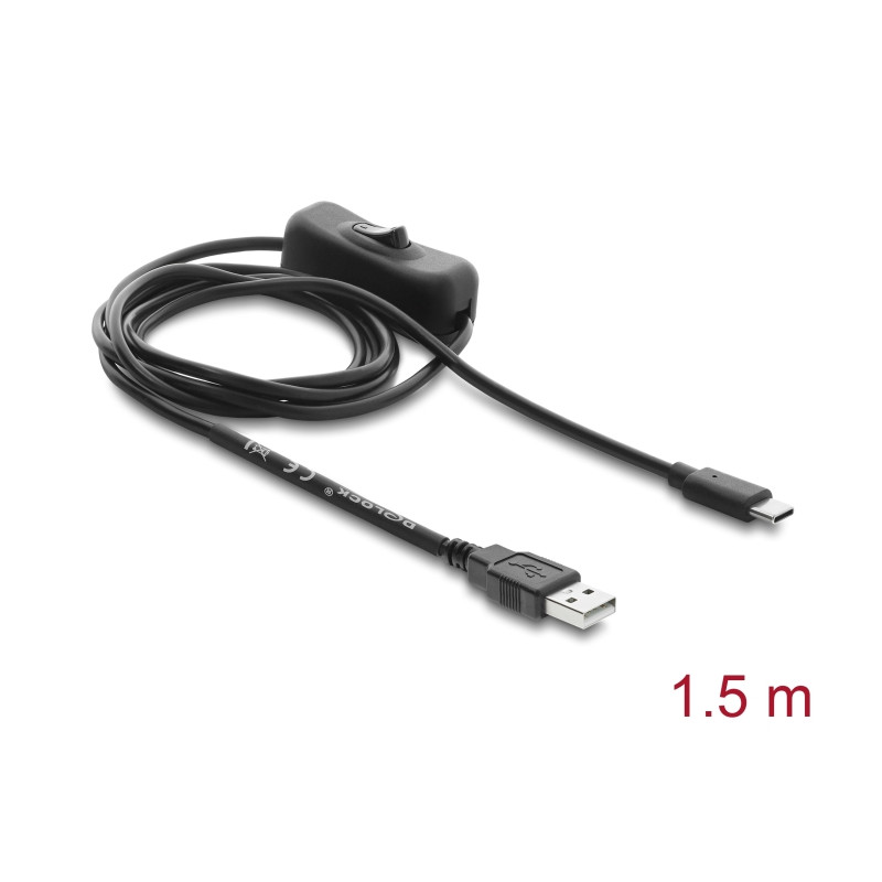 Delock USB Stromversorgungskabel Typ-A Stecker zu USB Type-C™ Stecker mit Schalter 1,5 m
