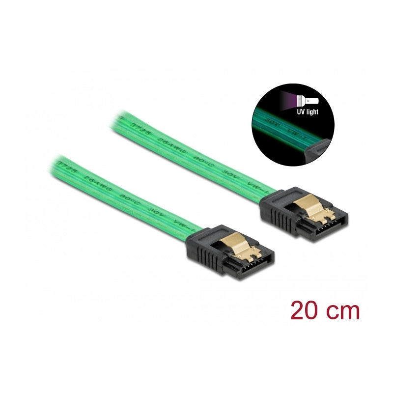Delock SATA 6 Gb/s Kabel UV Leuchteffekt grün 20 cm