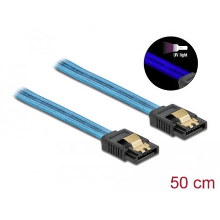 Delock SATA 6 Gb/s Kabel UV Leuchteffekt blau 50 cm