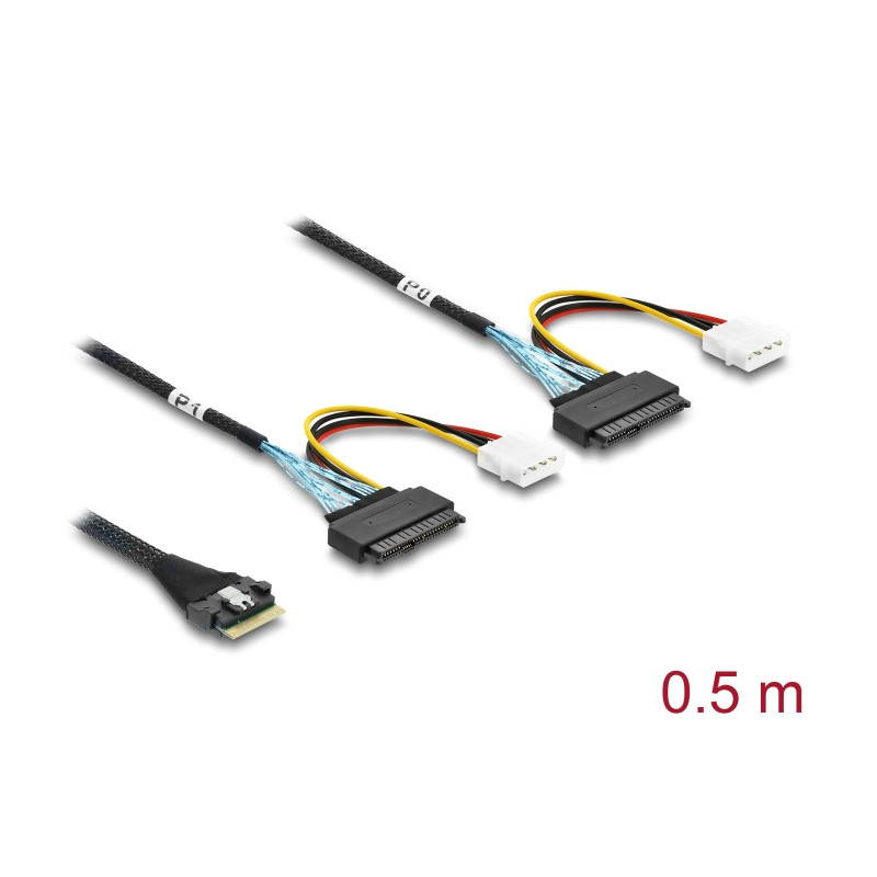 Delock PCIe 4.0 Kabel Slim SAS SFF-8654 8i zu 2 x U.2 SFF-8639 Buchse + Stromanschluss 0,5 m