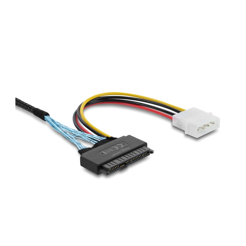 Delock PCIe 4.0 Kabel Slim SAS SFF-8654 8i zu 2 x U.2 SFF-8639 Buchse + Stromanschluss 0,5 m