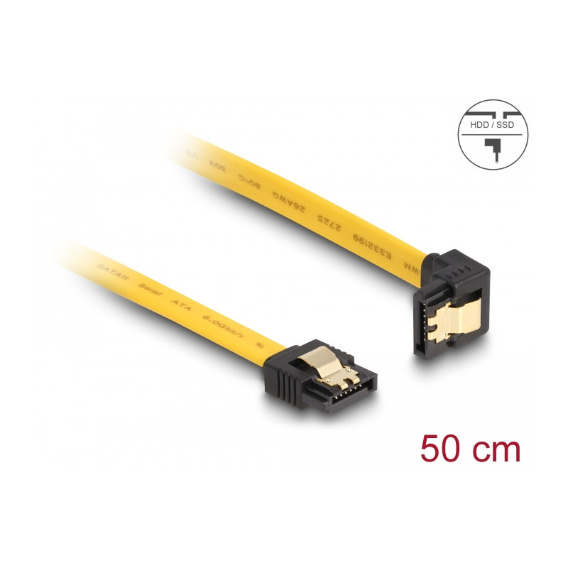 Delock SATA 6 Gb/s Kabel gerade auf unten gewinkelt 50 cm gelb