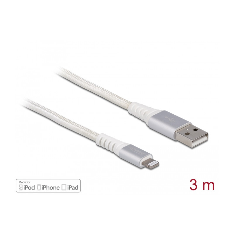 Delock USB Daten- und Ladekabel für iPhone™, iPad™, iPod™ DuPont™ Kevlar® weiß 3 m