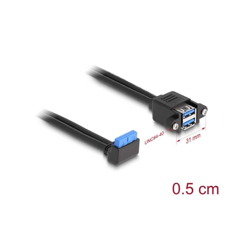 Delock Kabel USB 5 Gbps Pfostenbuchse 90° gewinkelt zu 2 x USB 5 Gbps Typ-A Buchse zum Einbau 50 cm