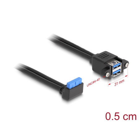 Delock Kabel USB 5 Gbps Pfostenbuchse 90° gewinkelt zu 2 x USB 5 Gbps Typ-A Buchse zum Einbau 50 cm