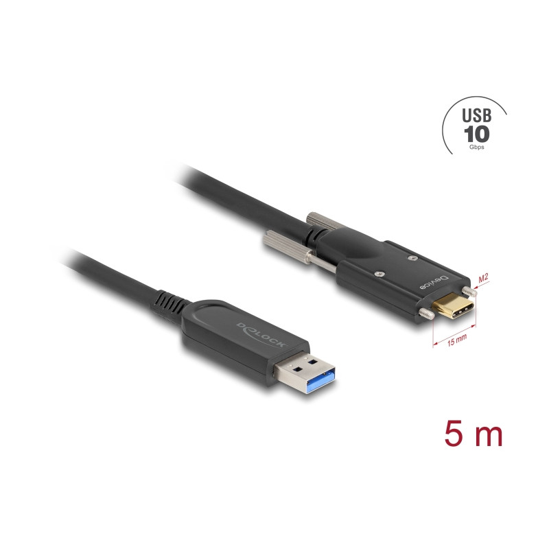 Delock Aktives Optisches Kabel USB 10 Gbps Typ-A Stecker zu USB Type-C™ Stecker mit Schrauben seitlich 5 m