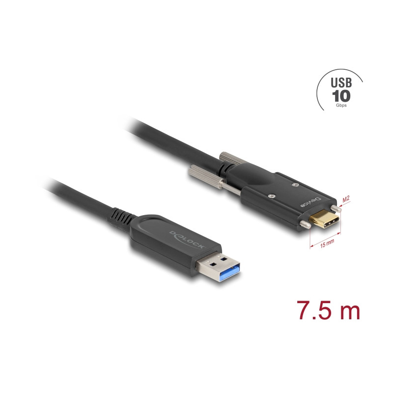 Delock Aktives Optisches Kabel USB 10 Gbps Typ-A Stecker zu USB Type-C™ Stecker mit Schrauben seitlich 7,5 m