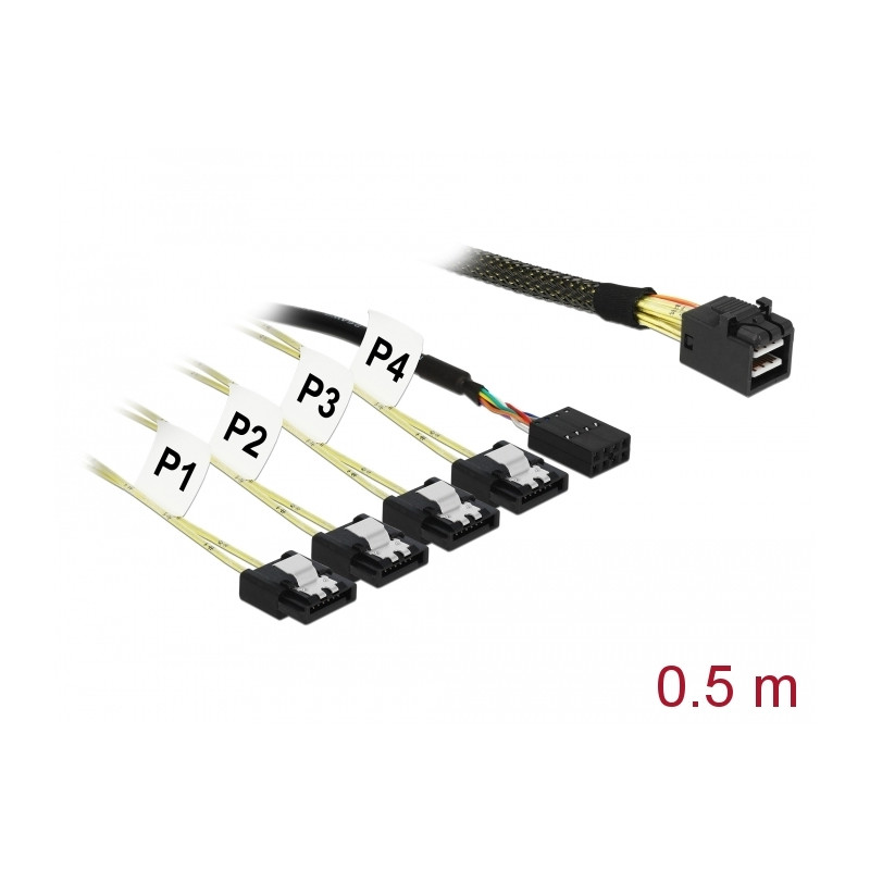 Delock Kabel Mini SAS SFF-8643 - 4 x SATA 7 Pin + Sideband 0,5 m Metall