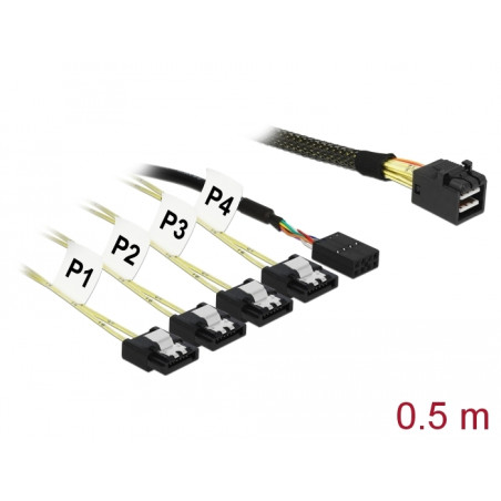 Delock Kabel Mini SAS SFF-8643 - 4 x SATA 7 Pin + Sideband 0,5 m Metall