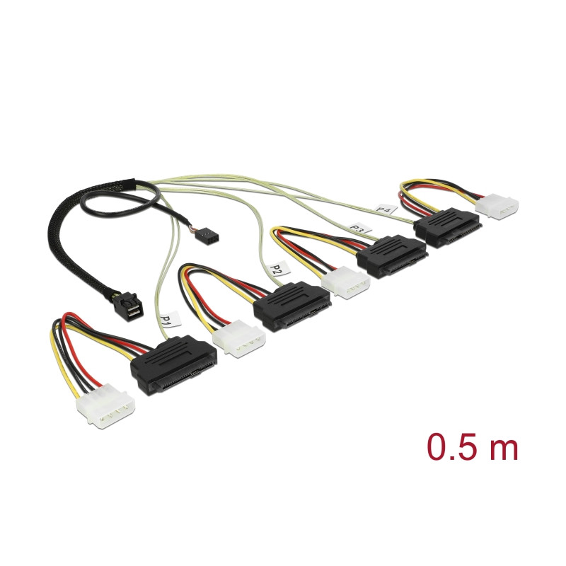 Delock Kabel Mini SAS HD SFF-8643 - 4 x SAS SFF-8482 + Power + Sideband 0,5 m