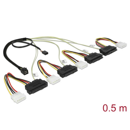 Delock Kabel Mini SAS HD SFF-8643 - 4 x SAS SFF-8482 + Power + Sideband 0,5 m